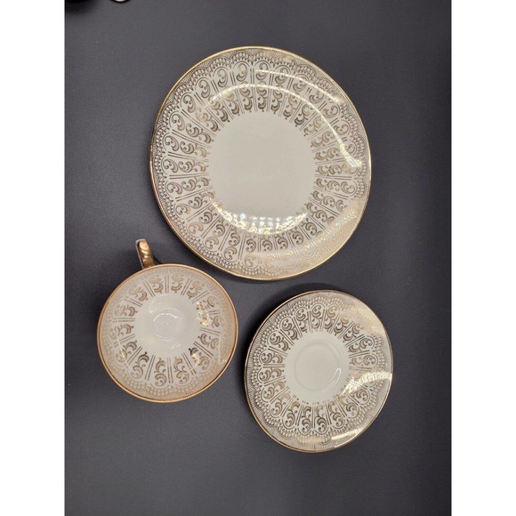 VTG Bareuther Waldsassen Luncheon Trio Set Plate Teacup Saucer 53 Gold Trim - Picture 8 of 12